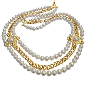 Vintage Givenchy Faux Pearl Gold Chain Multistrand Chunky Statement Necklace